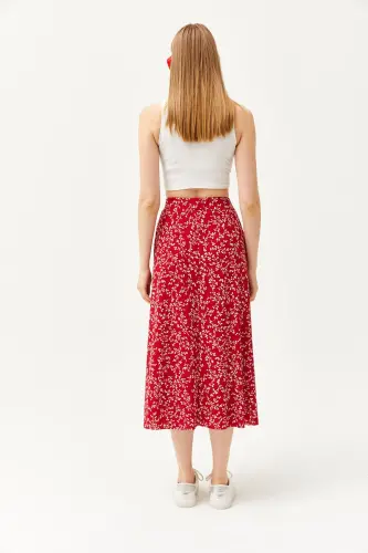 Woman Japanese Red Elastic Waist Patterned Long Skirt - 8