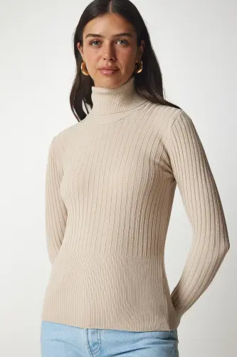 Woman Latte Fisherman Collar Ribbed Basic Sweater bv00095-Latte - 3