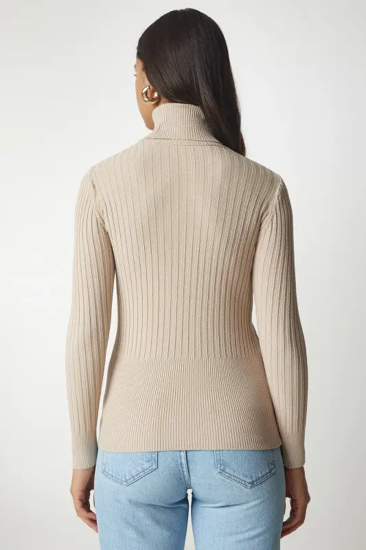 Woman Latte Fisherman Collar Ribbed Basic Sweater bv00095-Latte - 5
