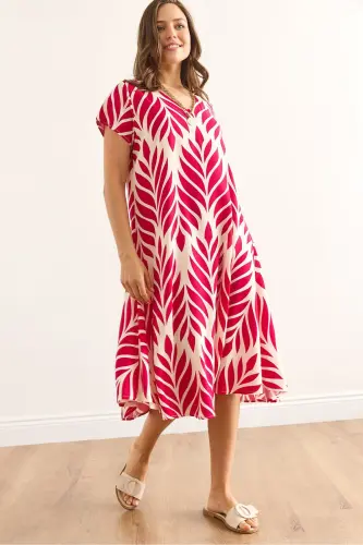 Woman Leaf Fuchsia V-Neck Patterned Woven Viscose Mi 