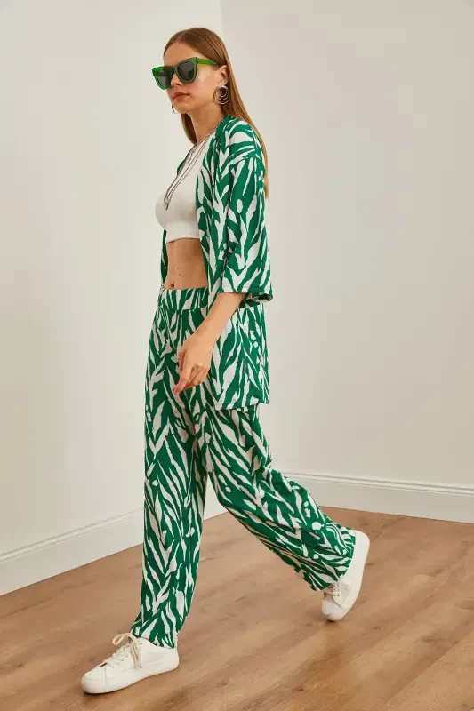 Woman Leaf Green Top Kimono Bottom Pocketed Pants T - 5