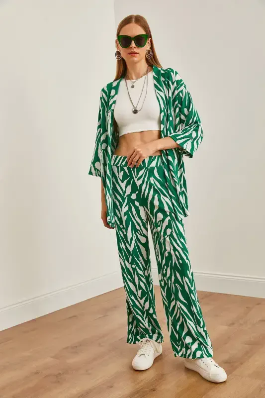 Woman Leaf Green Top Kimono Bottom Pocketed Pants T - 6
