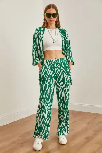 Woman Leaf Green Top Kimono Bottom Pocketed Pants T - 7