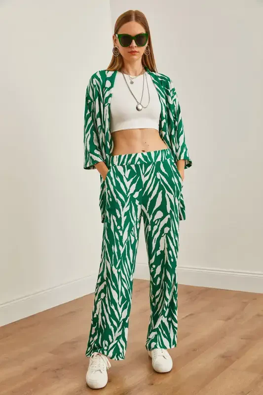Woman Leaf Green Top Kimono Bottom Pocketed Pants T - 7