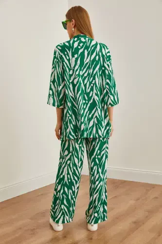 Woman Leaf Green Top Kimono Bottom Pocketed Pants T - 8