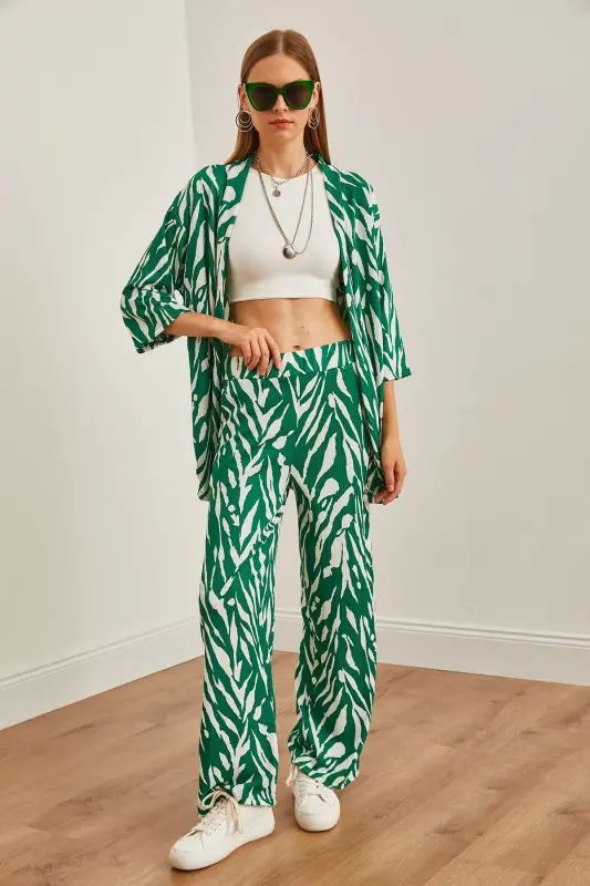 Woman Leaf Green Top Kimono Bottom Pocketed Pants T - 12