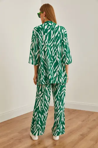 Woman Leaf Green Top Kimono Bottom Pocketed Pants T - 17