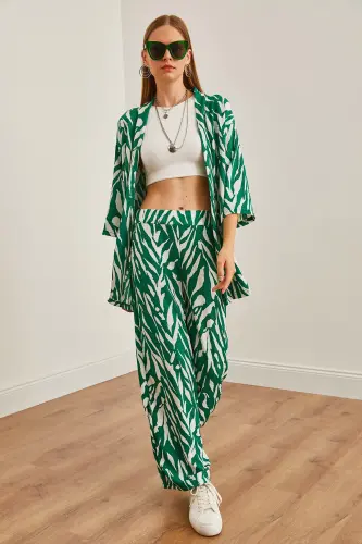 Woman Leaf Green Top Kimono Bottom Pocketed Pants T - OLALOOK (1)