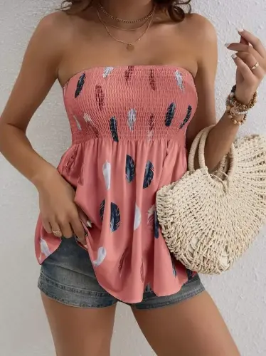 Woman Leaf Patterned Chest Guipure Mosscrepe Strapless Blouse - 3