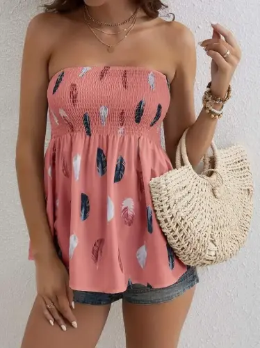 Woman Leaf Patterned Chest Guipure Mosscrepe Strapless Blouse - 4