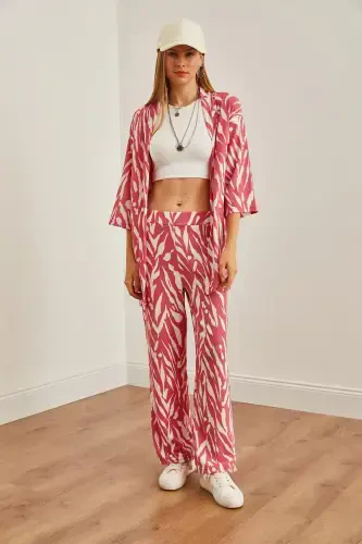 Woman Leaf Pink Top Kimono Bottom Pocketed Pants T - OLALOOK (1)
