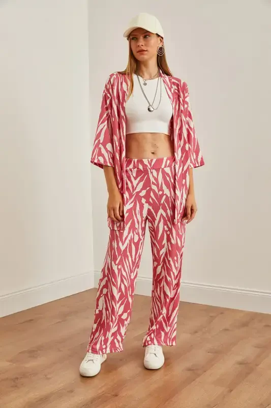 Woman Leaf Pink Top Kimono Bottom Pocketed Pants T - 3