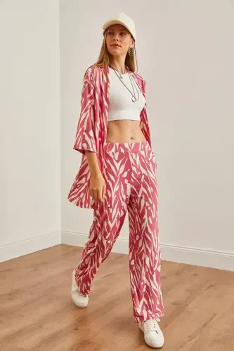 Woman Leaf Pink Top Kimono Bottom Pocketed Pants T - 4