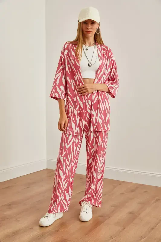 Woman Leaf Pink Top Kimono Bottom Pocketed Pants T - 5