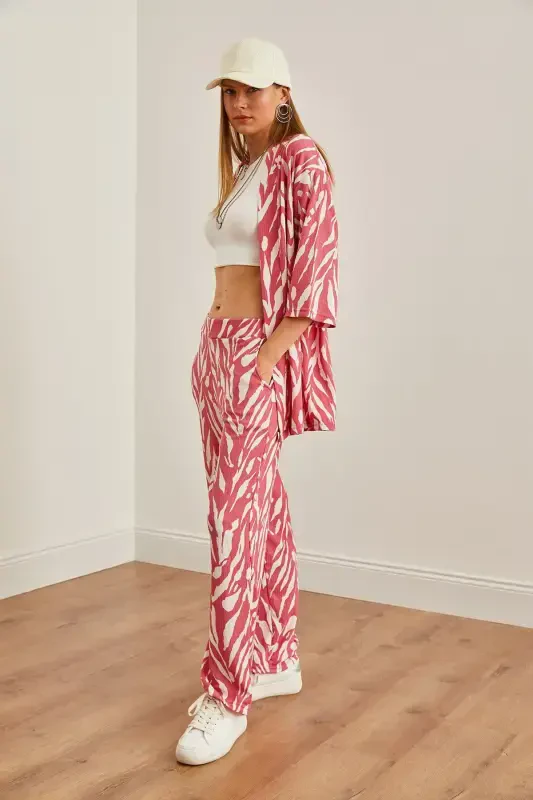 Woman Leaf Pink Top Kimono Bottom Pocketed Pants T - 6