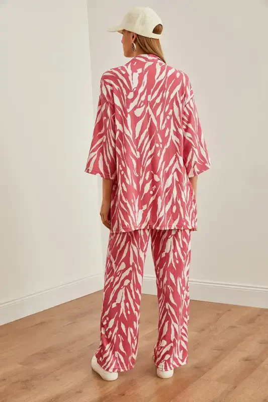 Woman Leaf Pink Top Kimono Bottom Pocketed Pants T - 7