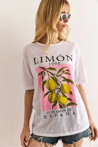 Woman Lemon White Printed Flamed T-Shirt TSH-190009 - 1