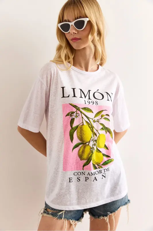 Woman Lemon White Printed Flamed T-Shirt TSH-190009 - 6