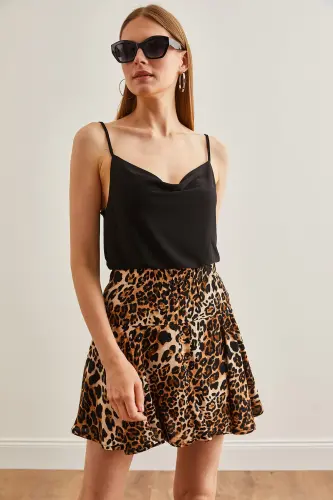 Woman Leopard Black Shorts Woven Viscose Mini Skirt - 3