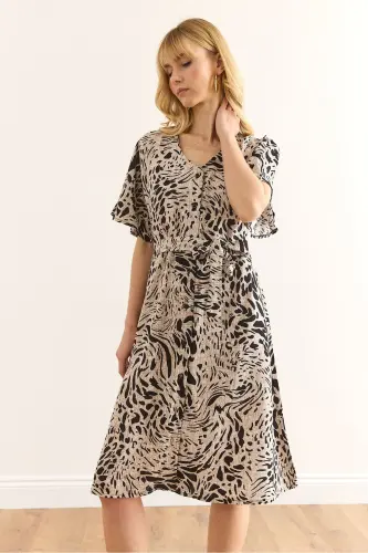 Woman Leopard Black V Neck Belted Woven Mini Dress - 3