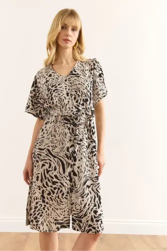 Woman Leopard Black V Neck Belted Woven Mini Dress - 4