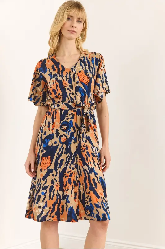 Woman Leopard Multi Color V Neck Belted Woven Mini - 1