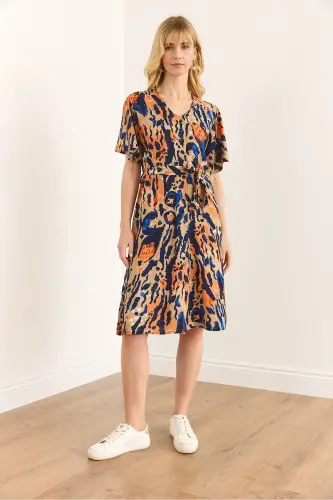 Woman Leopard Multi Color V Neck Belted Woven Mini - OLALOOK (1)