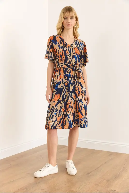 Woman Leopard Multi Color V Neck Belted Woven Mini - 2