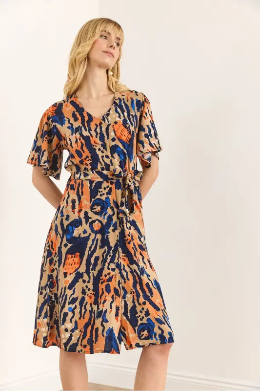 Woman Leopard Multi Color V Neck Belted Woven Mini - 3