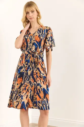 Woman Leopard Multi Color V Neck Belted Woven Mini - 4