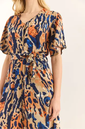 Woman Leopard Multi Color V Neck Belted Woven Mini - 5