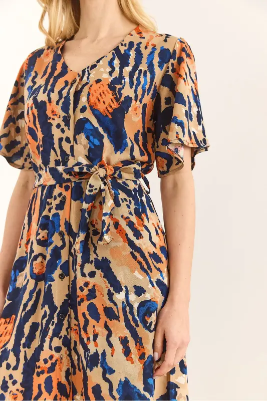 Woman Leopard Multi Color V Neck Belted Woven Mini - 5