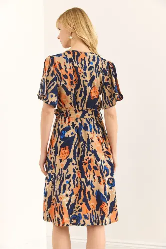 Woman Leopard Multi Color V Neck Belted Woven Mini - 6