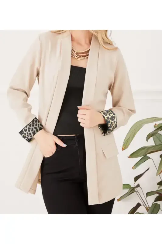 Woman Leopard Patterned Cream Jacket-Cream3 - HEYYA