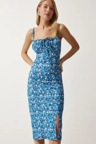 Woman Light Blue Black Floral Slit Summer Knitted Dress CI00029-Light Blue Black - 1