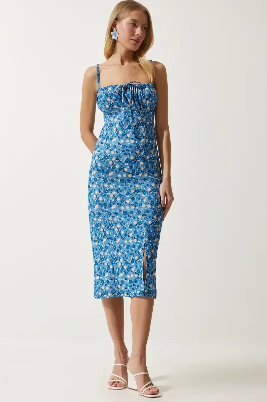 Woman Light Blue Black Floral Slit Summer Knitted Dress CI00029-Light Blue Black - 2