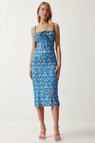 Woman Light Blue Black Floral Slit Summer Knitted Dress CI00029-Light Blue Black - 3