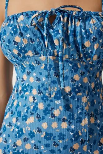 Woman Light Blue Black Floral Slit Summer Knitted Dress CI00029-Light Blue Black - 5