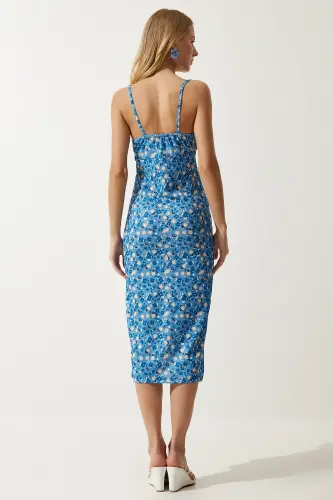 Woman Light Blue Black Floral Slit Summer Knitted Dress CI00029-Light Blue Black - 6