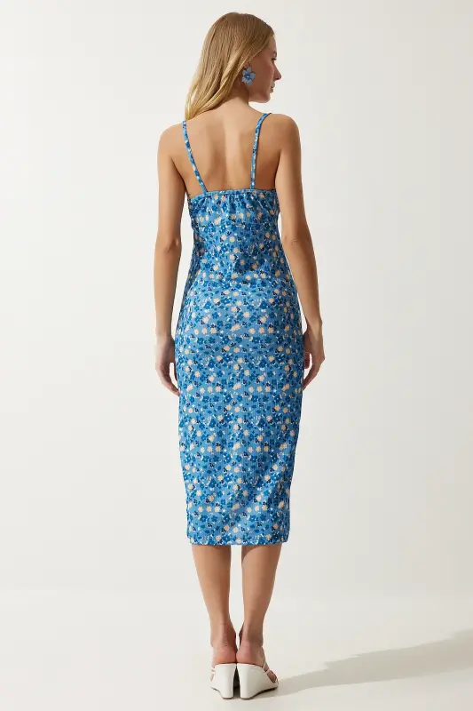 Woman Light Blue Black Floral Slit Summer Knitted Dress CI00029-Light Blue Black - 6