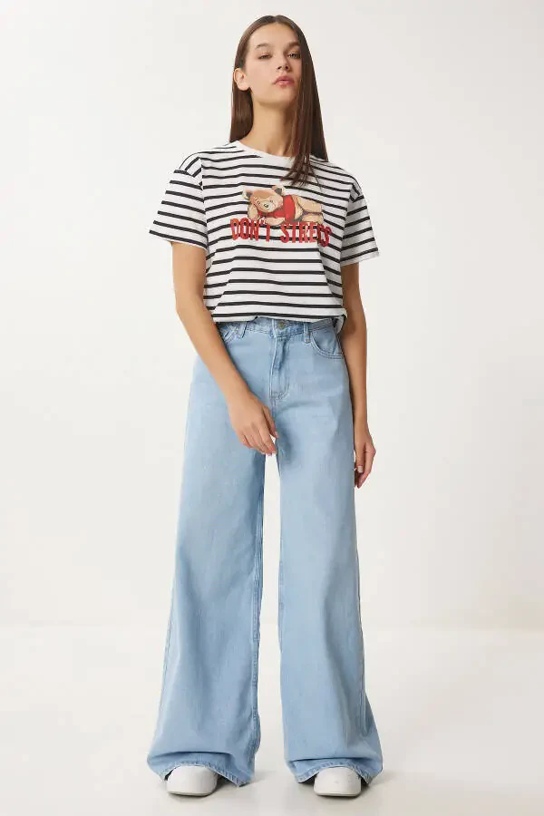 Woman Light Blue Mid Waist Wide Leg Jeans FN03413 - 2