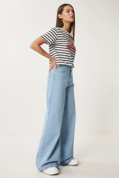 Woman Light Blue Mid Waist Wide Leg Jeans FN03413 - 3