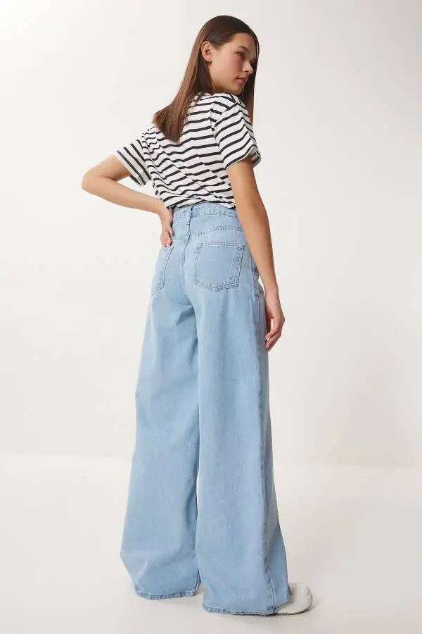 Woman Light Blue Mid Waist Wide Leg Jeans FN03413 - 4