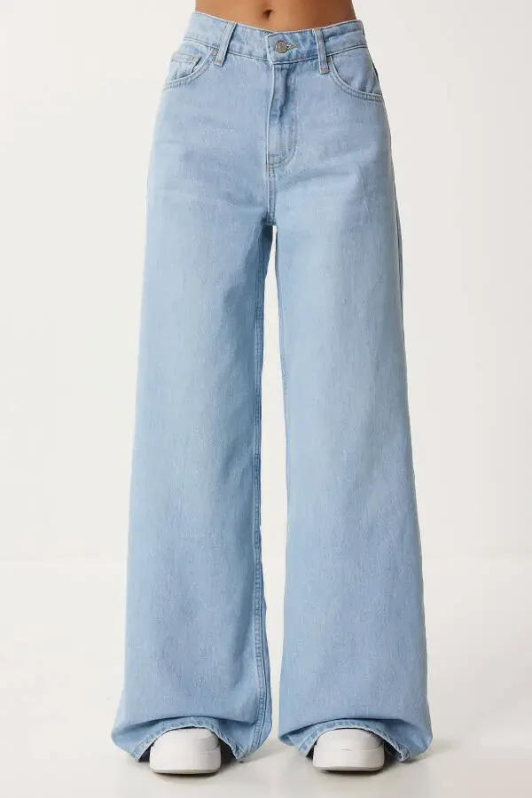 Woman Light Blue Mid Waist Wide Leg Jeans FN03413 - 5