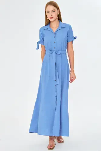 Woman Light Blue Tie Sleeve Belted Shirt Dress ARM-23Y001004-Light Blue - 1