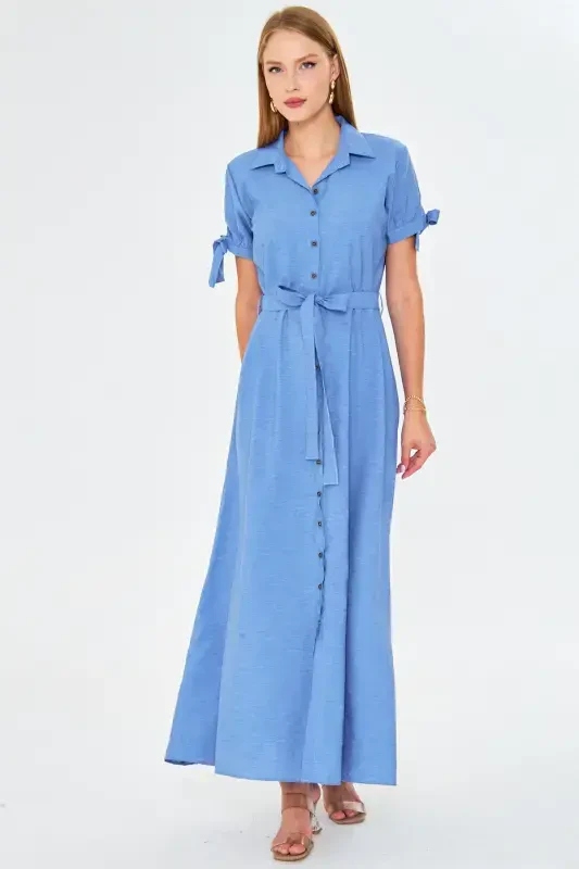 Woman Light Blue Tie Sleeve Belted Shirt Dress ARM-23Y001004-Light Blue - 1