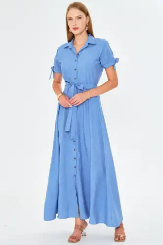 Woman Light Blue Tie Sleeve Belted Shirt Dress ARM-23Y001004-Light Blue - 2