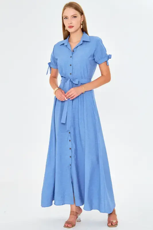 Woman Light Blue Tie Sleeve Belted Shirt Dress ARM-23Y001004-Light Blue - 2