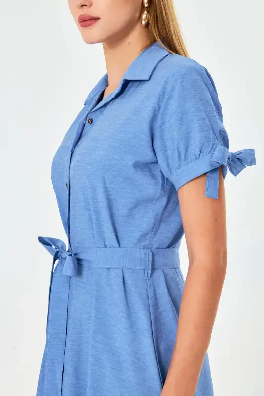 Woman Light Blue Tie Sleeve Belted Shirt Dress ARM-23Y001004-Light Blue - 4