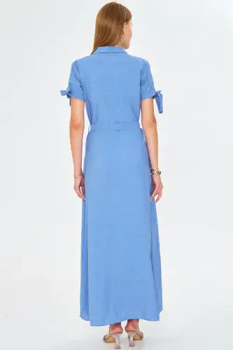 Woman Light Blue Tie Sleeve Belted Shirt Dress ARM-23Y001004-Light Blue - 5